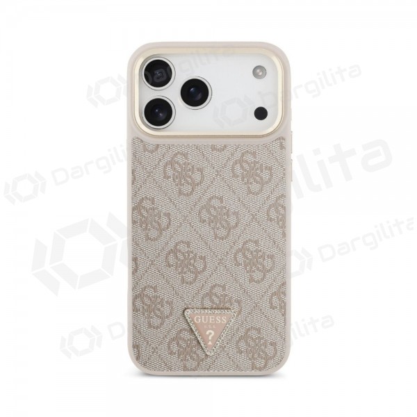 Apple iPhone 18 Pro dėklas "Guess PU Leather 4G Strass Triangle Logo Gold Frame MagSafe" (rožinis)