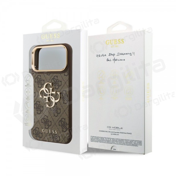 Apple iPhone 18 Pro Max dėklas "Guess PU Leather 4G Metal Logo Gold Frame" (rudas)