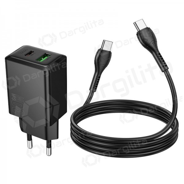 Telefono įkroviklis Hoco N71 30 W GaN USB-C + USB-A su USB-C laidu 1 m juodas