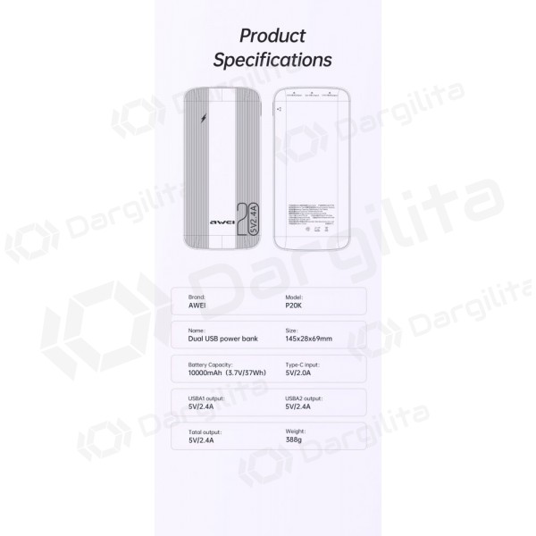 Išorinė baterija (Power Bank) Awei P19K 20000 mAh 5V / 2.4A, juoda