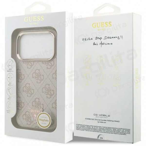 Apple iPhone 17 Pro Max dėklas "Guess PU Leather 4G Strass Triangle Logo Gold Frame MagSafe" (rožinis)