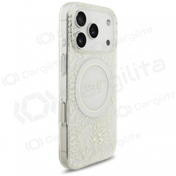 Apple iPhone 18 Pro Max dėklas "Guess IML Flowers Allover Strap MagSafe" (baltas)