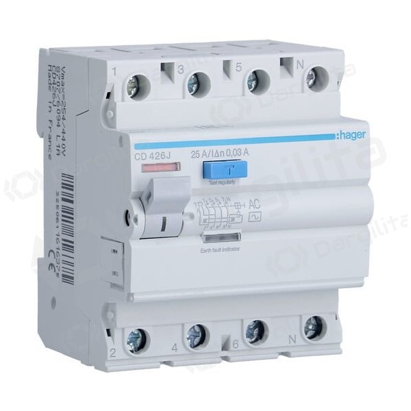 Srovės nuotekio relė Hager CD426J (AC, 25A, 4P, 30mA, 230V)