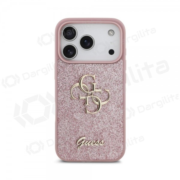 Apple iPhone 18 Pro dėklas "Guess PU Fixed Glitter 4G Metal Logo" (rožinis)