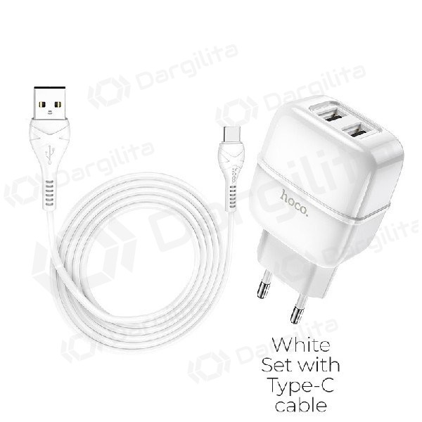 Įkroviklis HOCO C77A Highway Dual USB + type-C kabelis (5V 2.4A) (baltas)