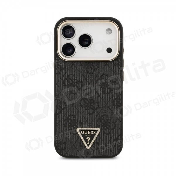 Apple iPhone 18 Pro dėklas "Guess PU Leather 4G Strass Triangle Logo Gold Frame MagSafe" (juodas)