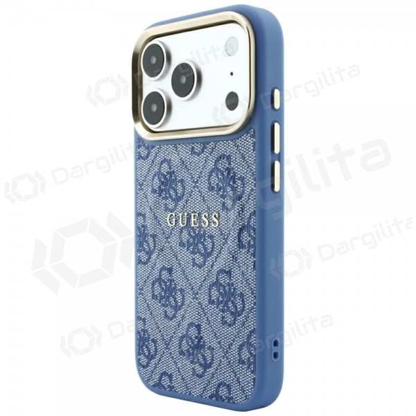 Apple iPhone 18 Pro Max dėklas "Guess PU Leather 4G Gold Frame Embossed MagSafe" (mėlynas)