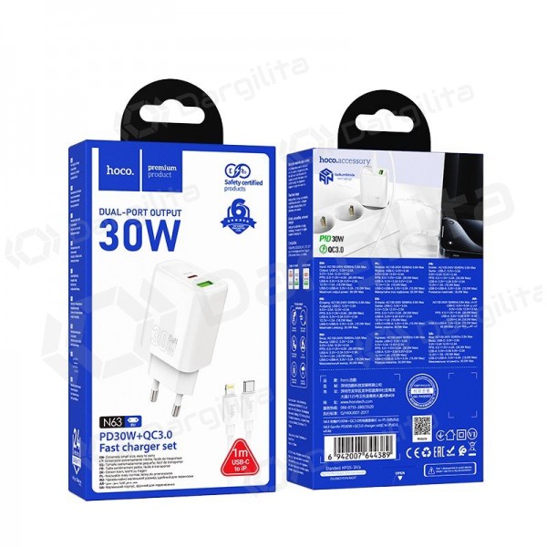 Telefono įkroviklis Hoco N63 30 W GaN USB-C + USB-A su Lightning laidu 1 m baltas