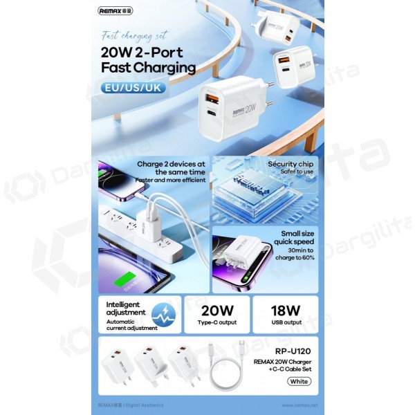 Telefono įkroviklis Remax RP-U120 20 W USB-C + USB-A su USB-C laidu 1 m baltas