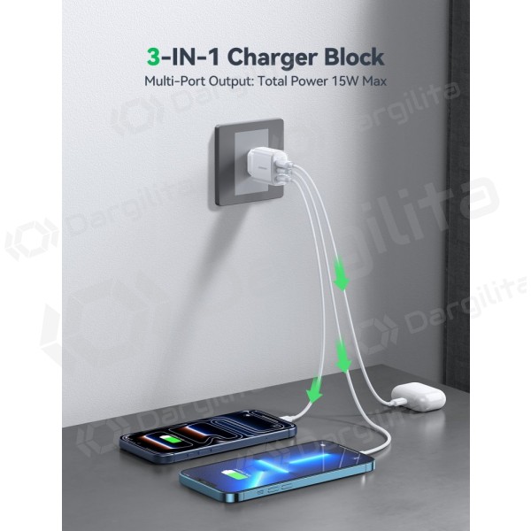 Telefono įkroviklis Joyroom JR-TG6 30 W USB-C + USB-A PD PPS GaN baltas