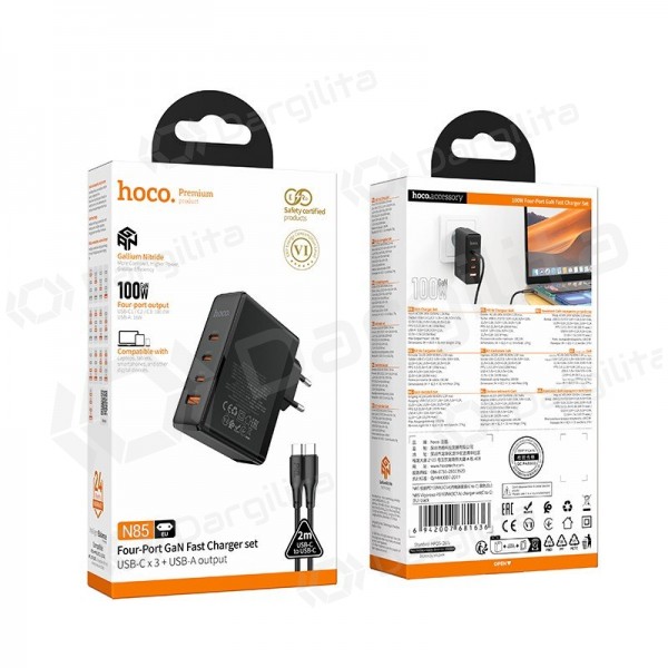 Tinklo įkroviklis Hoco N85 100 W 3x USB-C + USB-A su USB-C laidu 2 m juodas