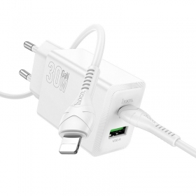 Telefono įkroviklis Hoco N71 30 W GaN USB-C + USB-A su Lightning laidu 1 m baltas