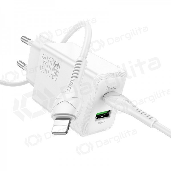 Telefono įkroviklis Hoco N71 30 W GaN USB-C + USB-A su Lightning laidu 1 m baltas