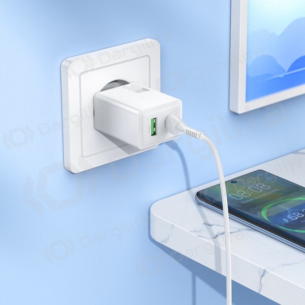 Telefono įkroviklis Hoco N71 30 W GaN USB-C + USB-A su USB-C laidu 1 m baltas