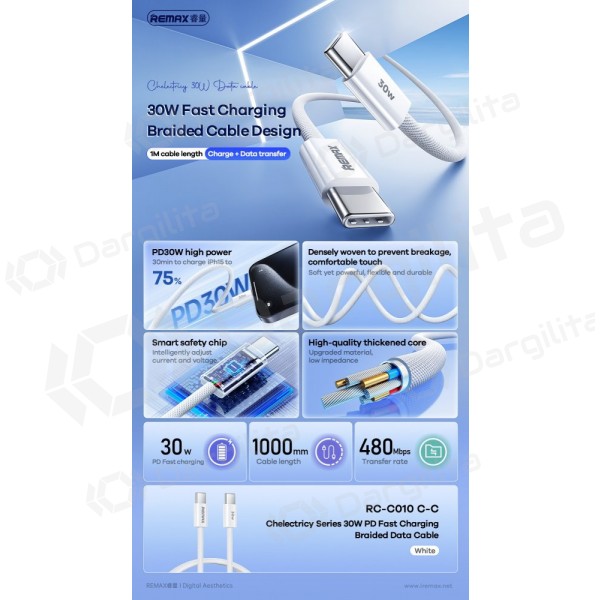 USB-C laidas Remax RC-C010 USB-C į USB-C 1 m 30 W baltas