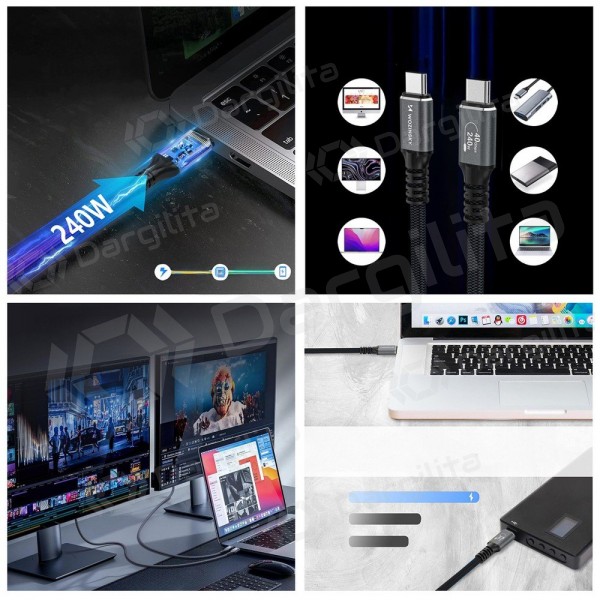 USB-C laidas Wozinsky WPS-UY41S USB-C į USB-C 1 m Thunderbolt 4 USB4 240 W 8K juodas