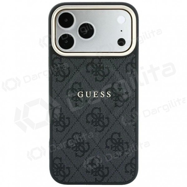 Apple iPhone 18 Pro dėklas "Guess PU Leather 4G Gold Frame Embossed MagSafe" (juodas)
