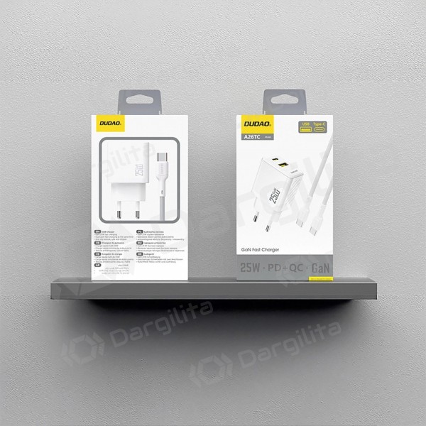 Telefono įkroviklis Dudao A26TC 25 W GaN USB-C + USB-A su USB-C laidu 1 m baltas