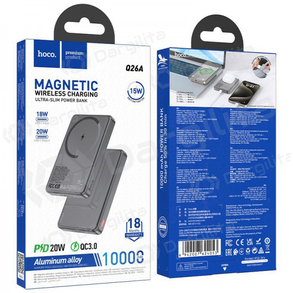 Išorinė baterija Power Bank Hoco Q26A PD20W Magnetic 10000mAh juoda Išorinė baterija Power Bank Hoco Q26A PD20W Magnetic 10000mAh juoda