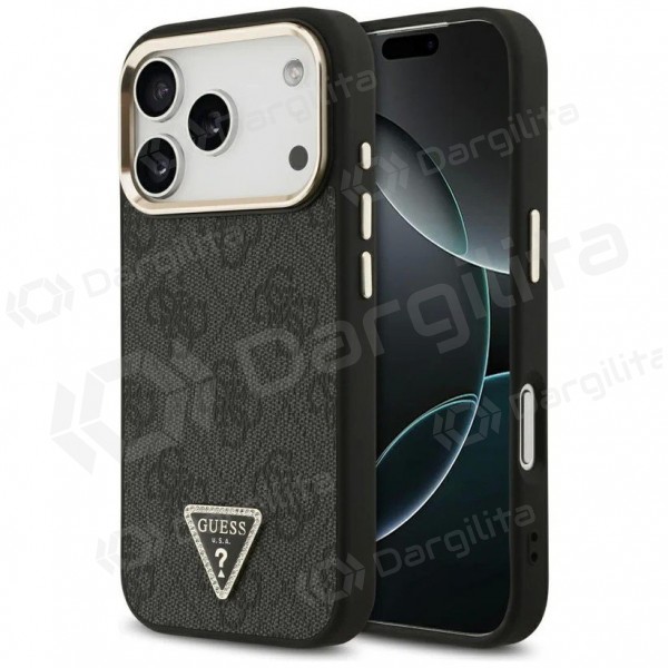 Apple iPhone 17 Pro Max dėklas "Guess PU Leather 4G Strass Triangle Logo Gold Frame MagSafe" (juodas)