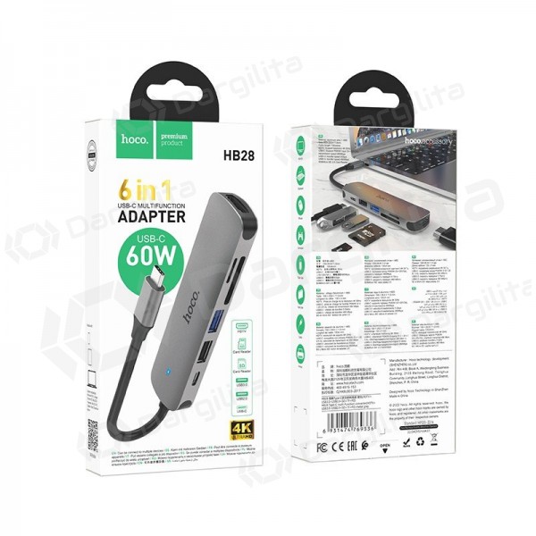 USB-C adapteris Hoco HB28 USB-C į HDMI + USB 3.0 + USB 2.0 + SD + TF + PD pilkas