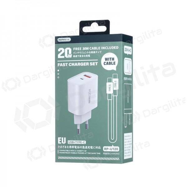 Telefono įkroviklis Remax RP-U120 20 W USB-C + USB-A su USB-C laidu 1 m baltas