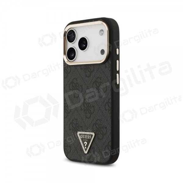 Apple iPhone 18 Pro dėklas "Guess PU Leather 4G Strass Triangle Logo Gold Frame MagSafe" (juodas)