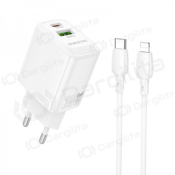 Telefono įkroviklis Borofone BN27 20 W USB-C + USB-A su Lightning laidu 1 m baltas