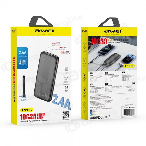 Išorinė baterija Power Bank Awei P20K 5V/2.4A 10000mAh juoda