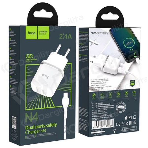 Įkroviklis HOCO N4 Aspiring Dual USB + type-C kabelis (5V 2.4A) (baltas)