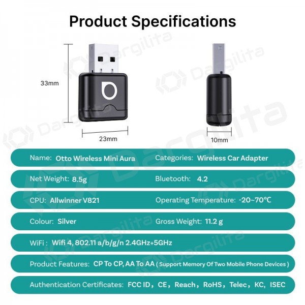 Belaidis CarPlay / Android Auto adapteris Ottocast Mini Aura CA530-T juodas