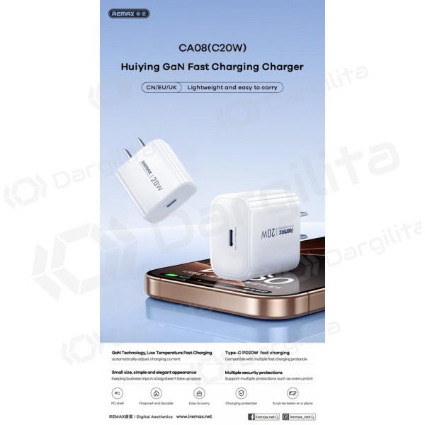 Telefono įkroviklis Remax CA08 20 W USB-C baltas