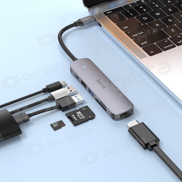 USB-C adapteris Hoco HB28 USB-C į HDMI + USB 3.0 + USB 2.0 + SD + TF + PD pilkas