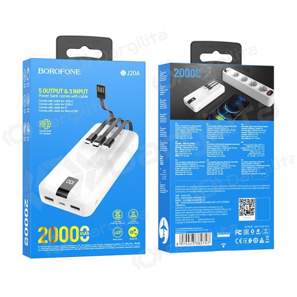 Išorinė baterija Power Bank Borofone BJ20A 5 Output 3 Input 20000mAh balta Išorinė baterija Power Bank Borofone BJ20A 5 Output 3 Input 20000mAh balta