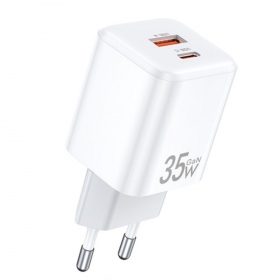 Telefono įkroviklis Awei PD66-EU 35 W USB-C + USB-A PD GaN baltas