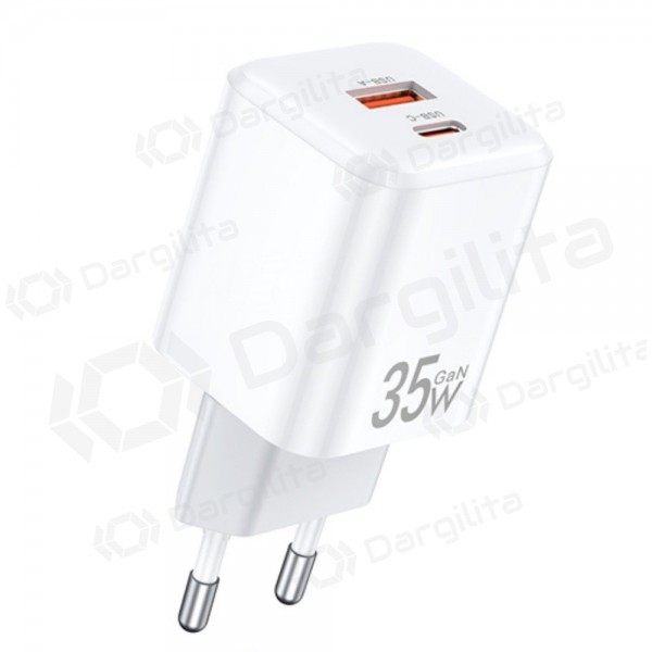 Telefono įkroviklis Awei PD66-EU 35 W USB-C + USB-A PD GaN baltas