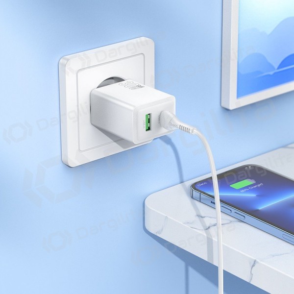 Telefono įkroviklis Hoco N71 30 W GaN USB-C + USB-A su Lightning laidu 1 m baltas