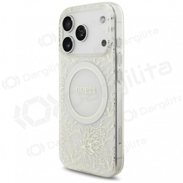 Apple iPhone 18 Pro dėklas "Guess IML Flowers Allover Strap MagSafe" (baltas)