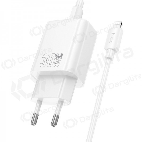 Telefono įkroviklis Hoco N63 30 W GaN USB-C + USB-A su Lightning laidu 1 m baltas