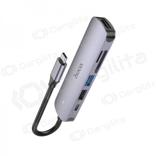 USB-C adapteris Hoco HB28 USB-C į HDMI + USB 3.0 + USB 2.0 + SD + TF + PD pilkas