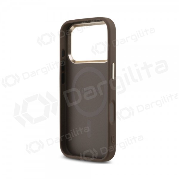 Apple iPhone 18 Pro dėklas "Guess PU Leather 4G Strass Triangle Logo Gold Frame MagSafe" (rudas)