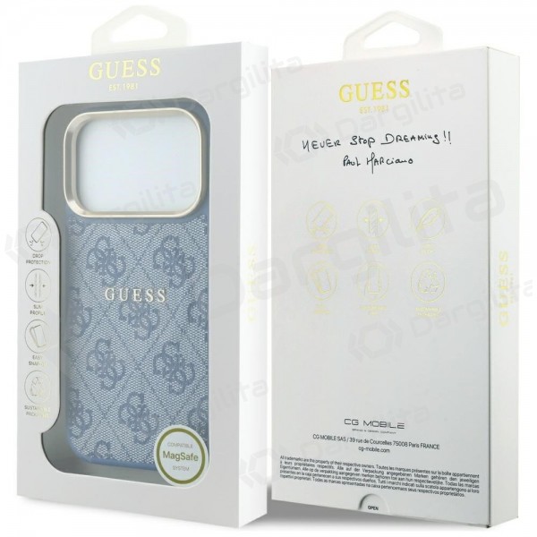 Apple iPhone 18 Pro dėklas "Guess PU Leather 4G Gold Frame Embossed MagSafe" (mėlynas)