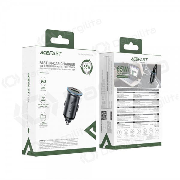 Automobilinis įkroviklis Acefast B15 65 W USB-C + USB-A PD QC pilkas