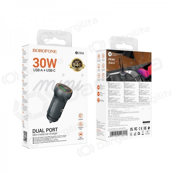 Automobilinis įkroviklis Borofone BZ32A 30 W USB-C + USB-A pilkas