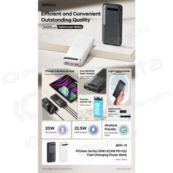 Išorinė baterija (Power Bank) Remax RPP-71 10000 mAh 22.5 W, juoda