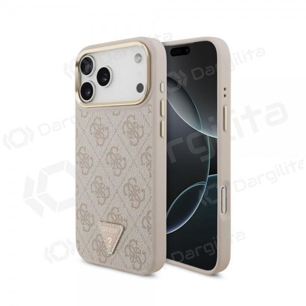 Apple iPhone 18 Pro dėklas "Guess PU Leather 4G Strass Triangle Logo Gold Frame MagSafe" (rožinis)