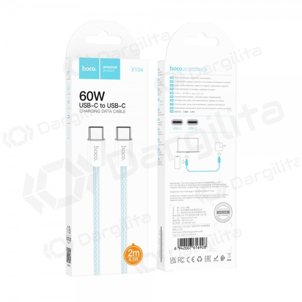 USB-C laidas Hoco X104 USB-C į USB-C 2 m 60 W baltas