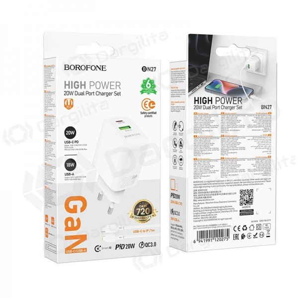 Telefono įkroviklis Borofone BN27 20 W USB-C + USB-A su Lightning laidu 1 m baltas