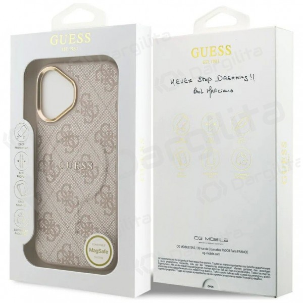 Apple iPhone 17 dėklas "Guess PU Leather 4G Gold Frame MagSafe" (rožinis)