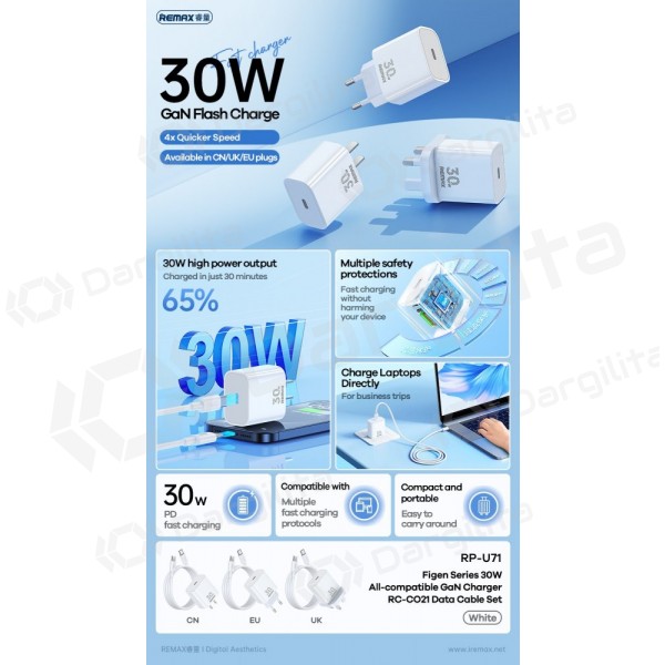 Telefono įkroviklis Remax RP-U71 30 W GaN USB-C su USB-C laidu 1 m baltas